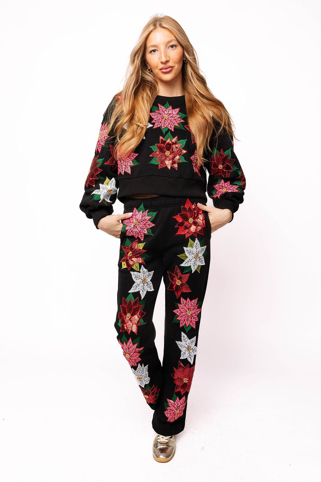 Queen of Sparkles Black Poinsettia Sweatpant