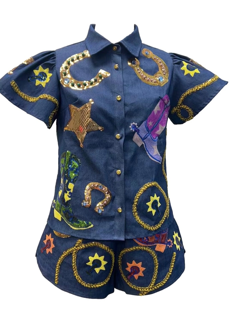 Queen of Sparkles Denim Cowgirl Icon Short Set