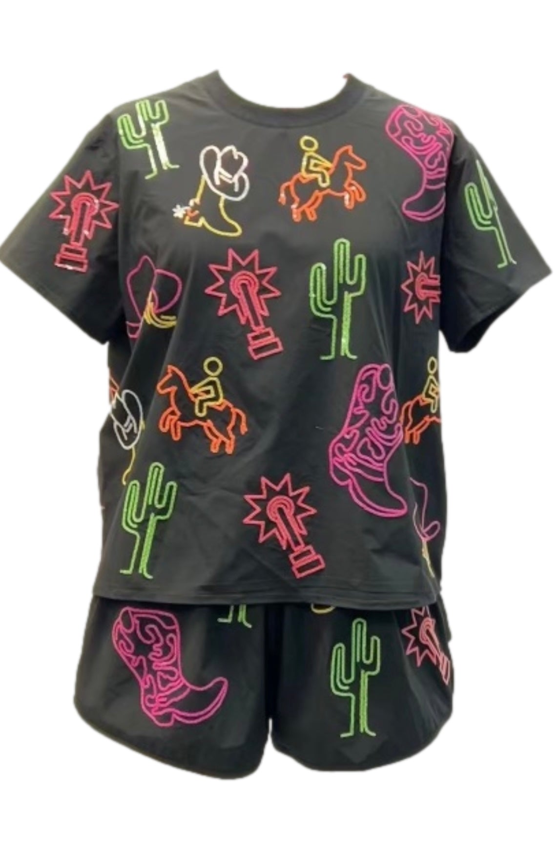 Queen of Sparkles Black & Neon Western Icon Active Top
