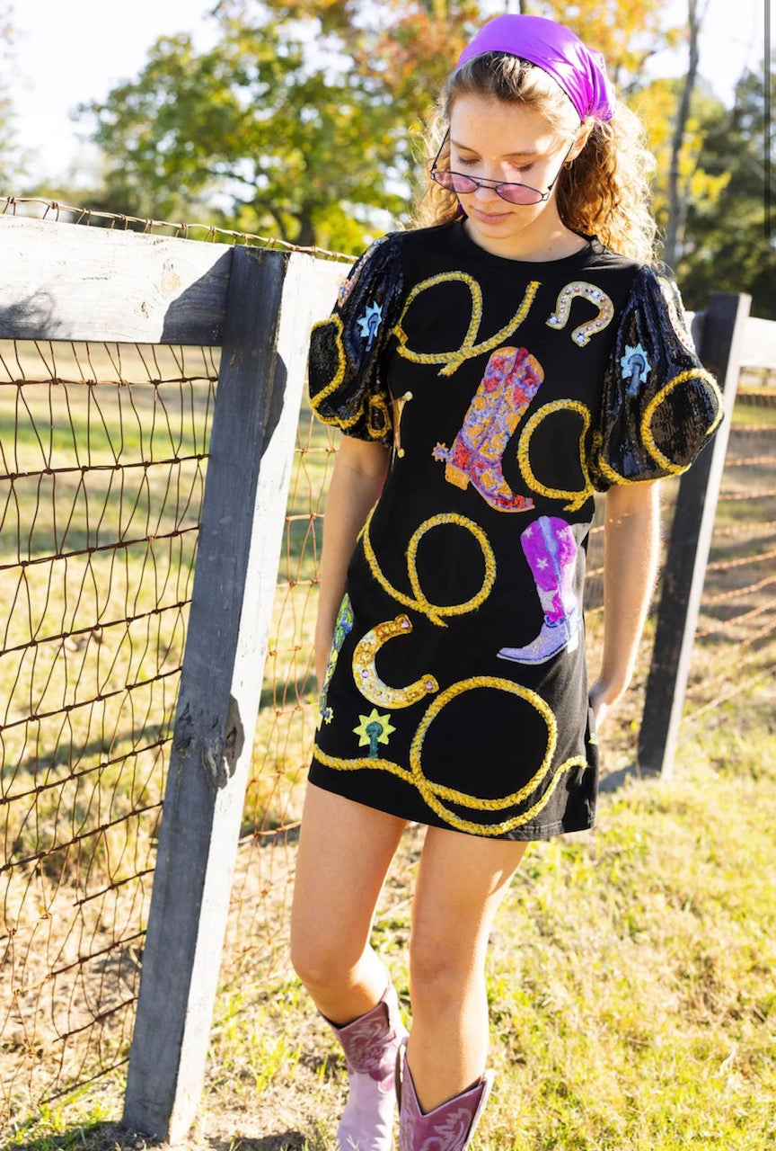 Queen of Sparkles Black Cowgirl Icon Poof Sleeve Dress