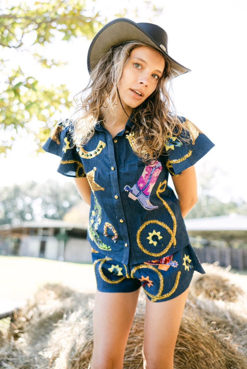 Queen of Sparkles Denim Cowgirl Icon Short Set