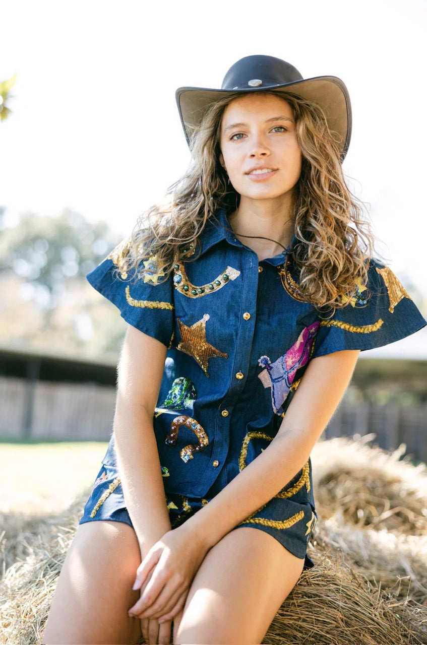 Queen of Sparkles Denim Cowgirl Icon Short Set
