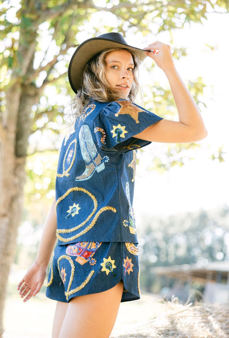 Queen of Sparkles Denim Cowgirl Icon Short Set