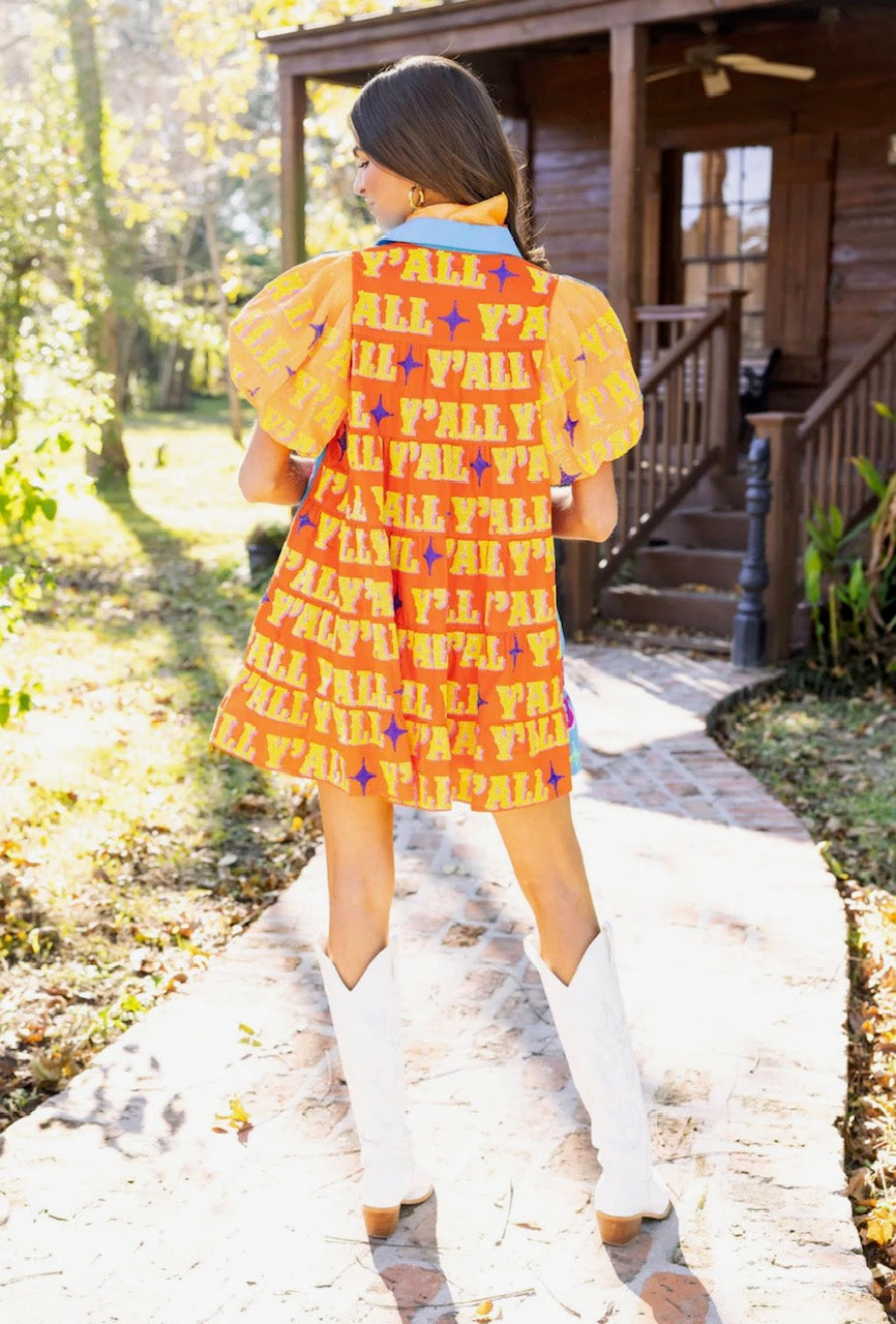 Queen of Sparkles Blue & Orange Sequin Sleeve Howdy Tiered Dress
