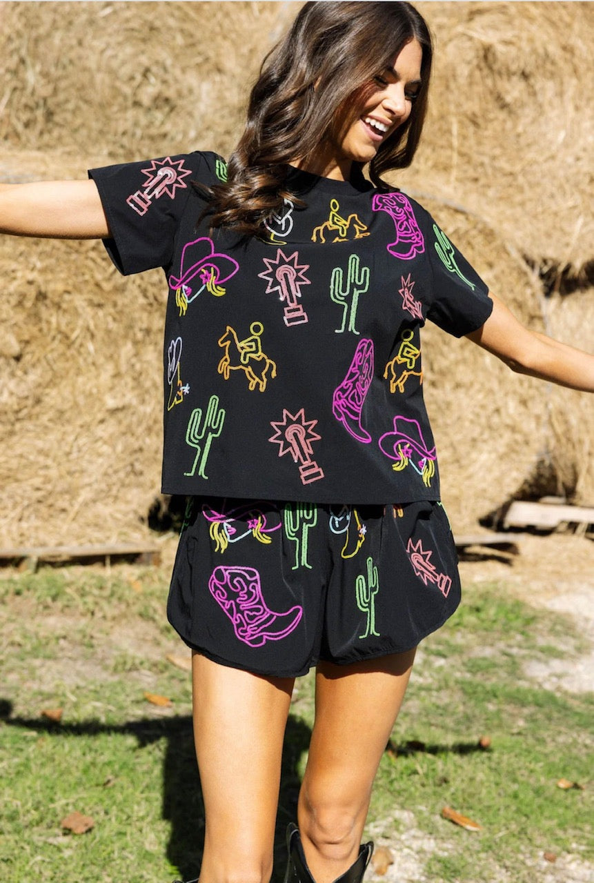 Queen of Sparkles Black & Neon Western Icon Active Top