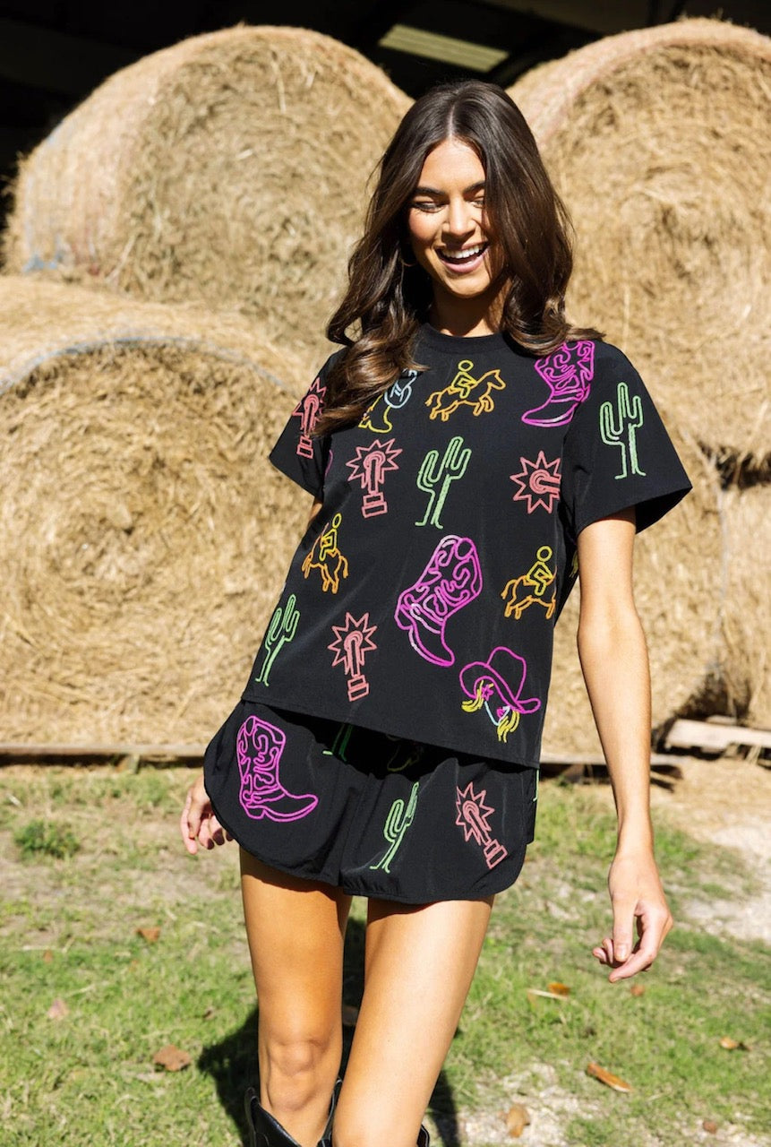 Queen of Sparkles Black & Neon Western Icon Active Top