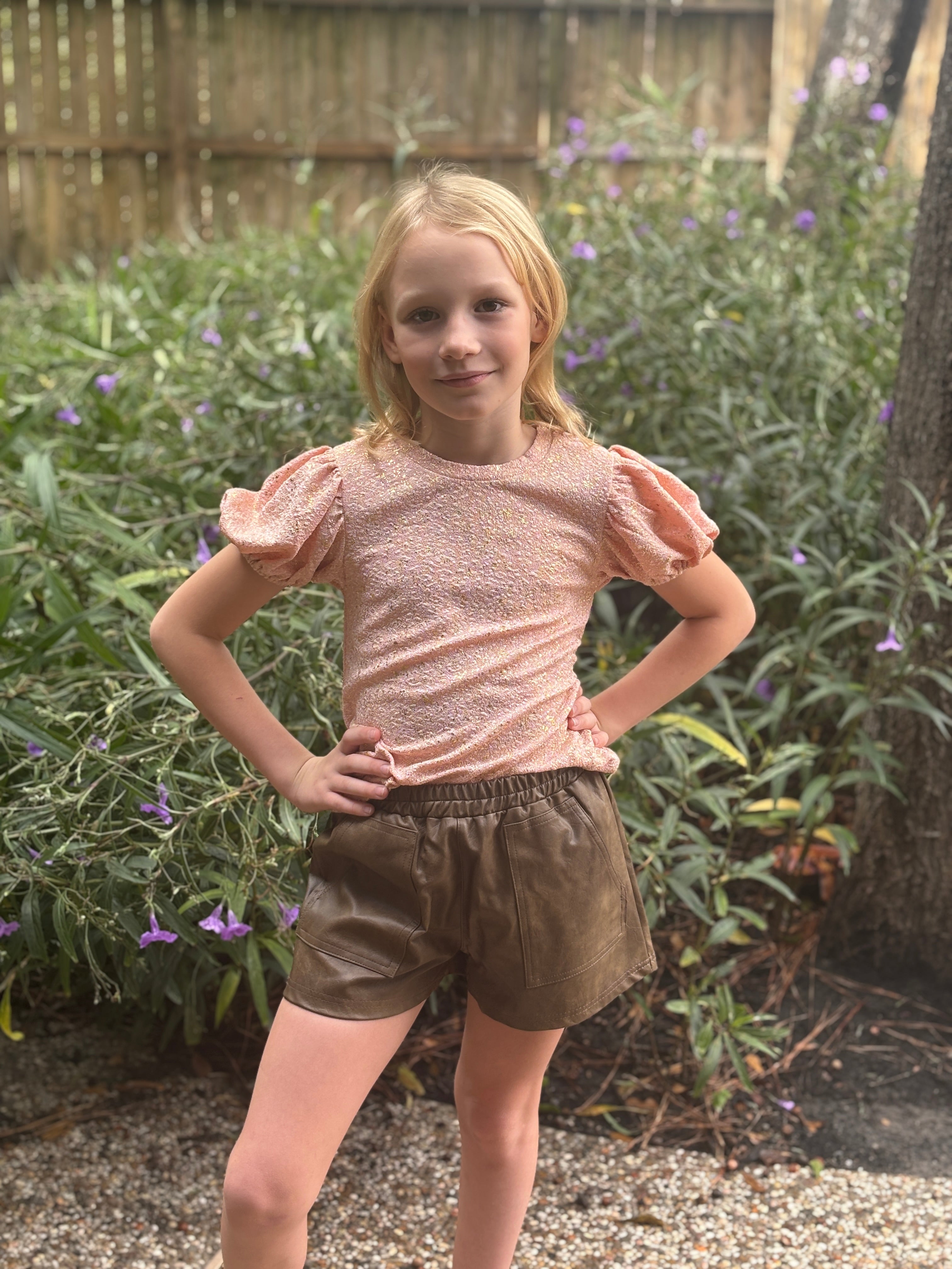 Kids Pleather Shorts - Brown