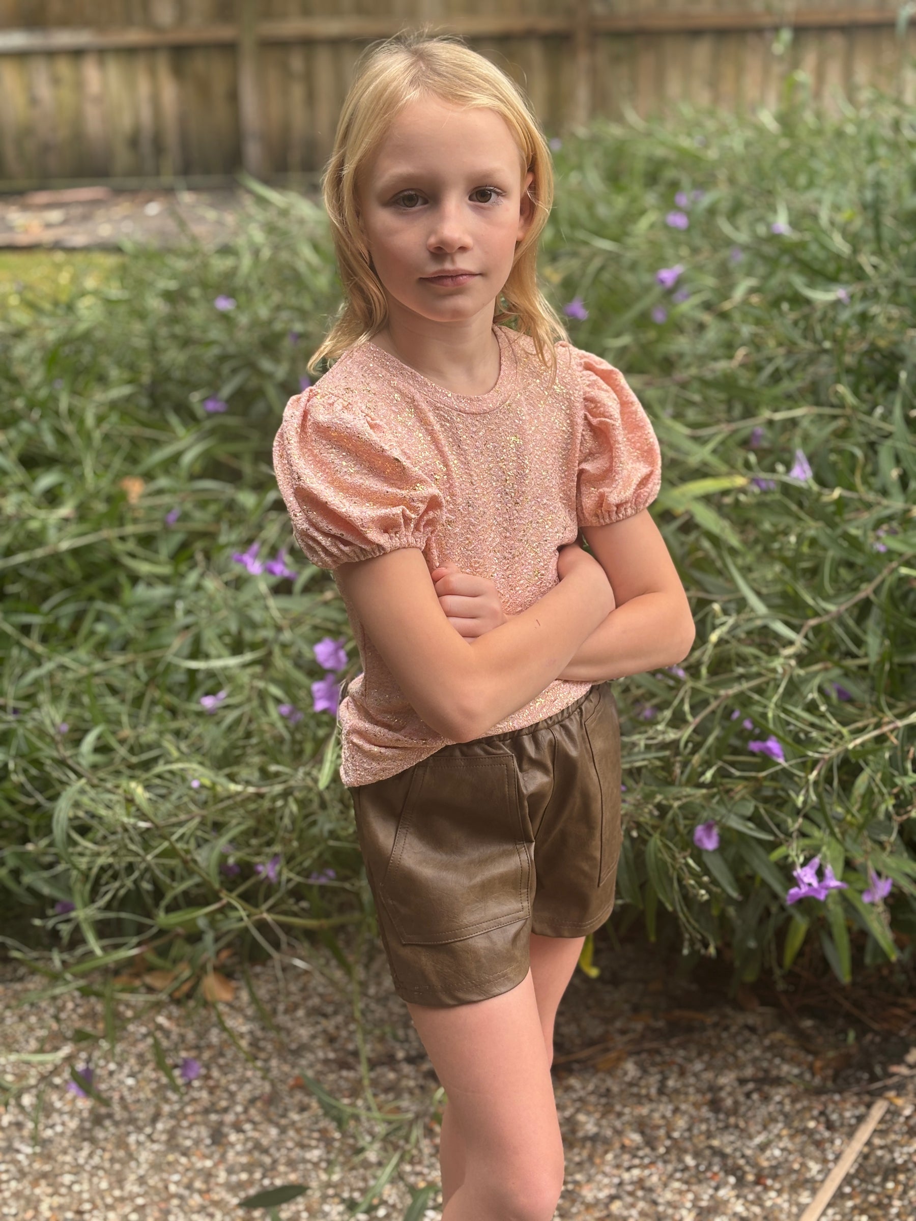 Kids Pleather Shorts - Brown