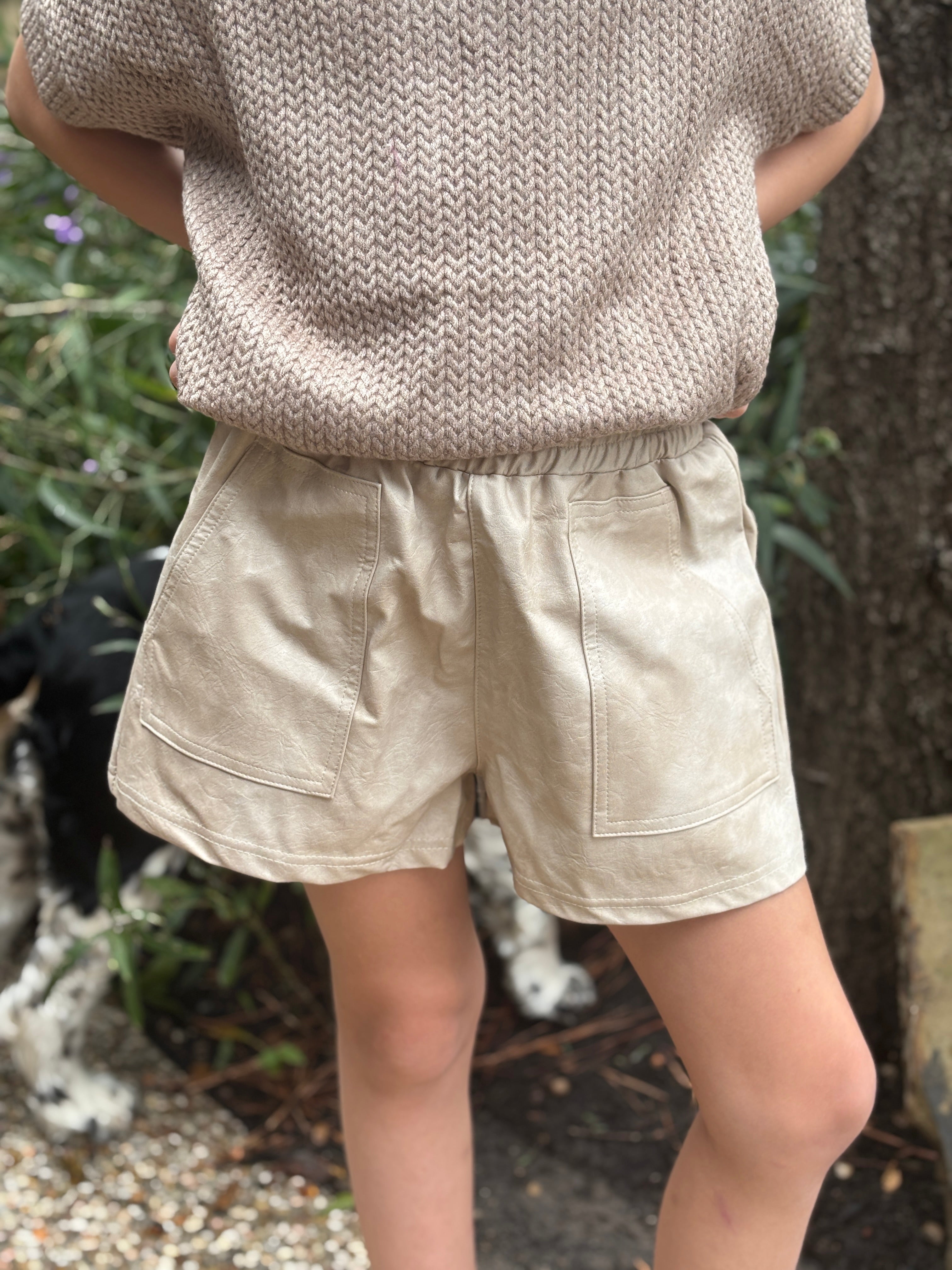 Kids Pleather Shorts - Beige