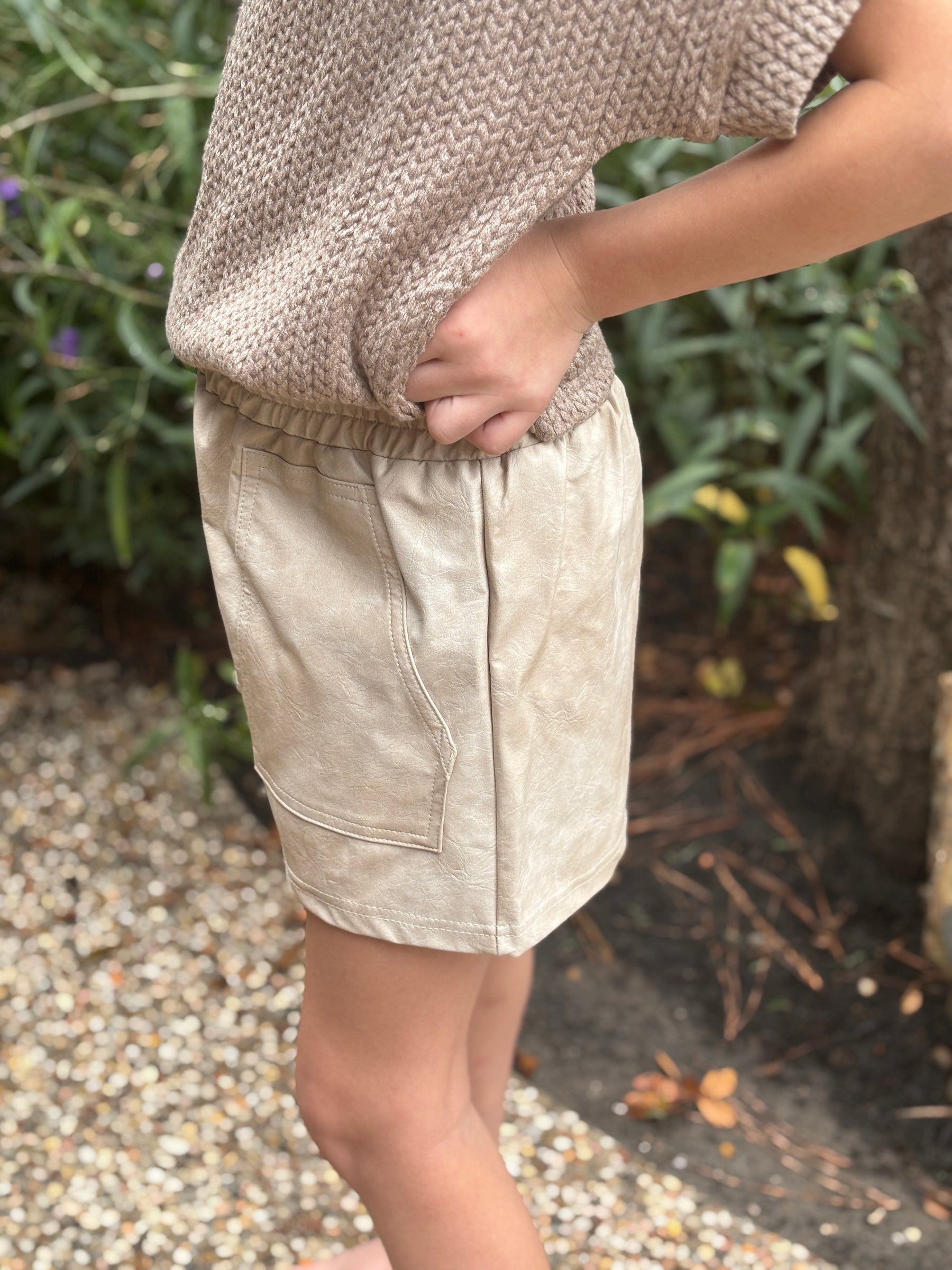 Kids Pleather Shorts - Beige