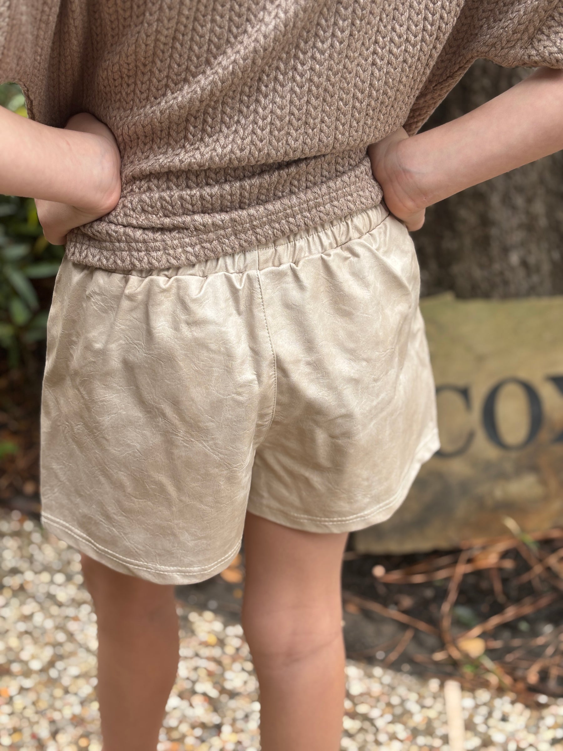 Kids Pleather Shorts - Beige