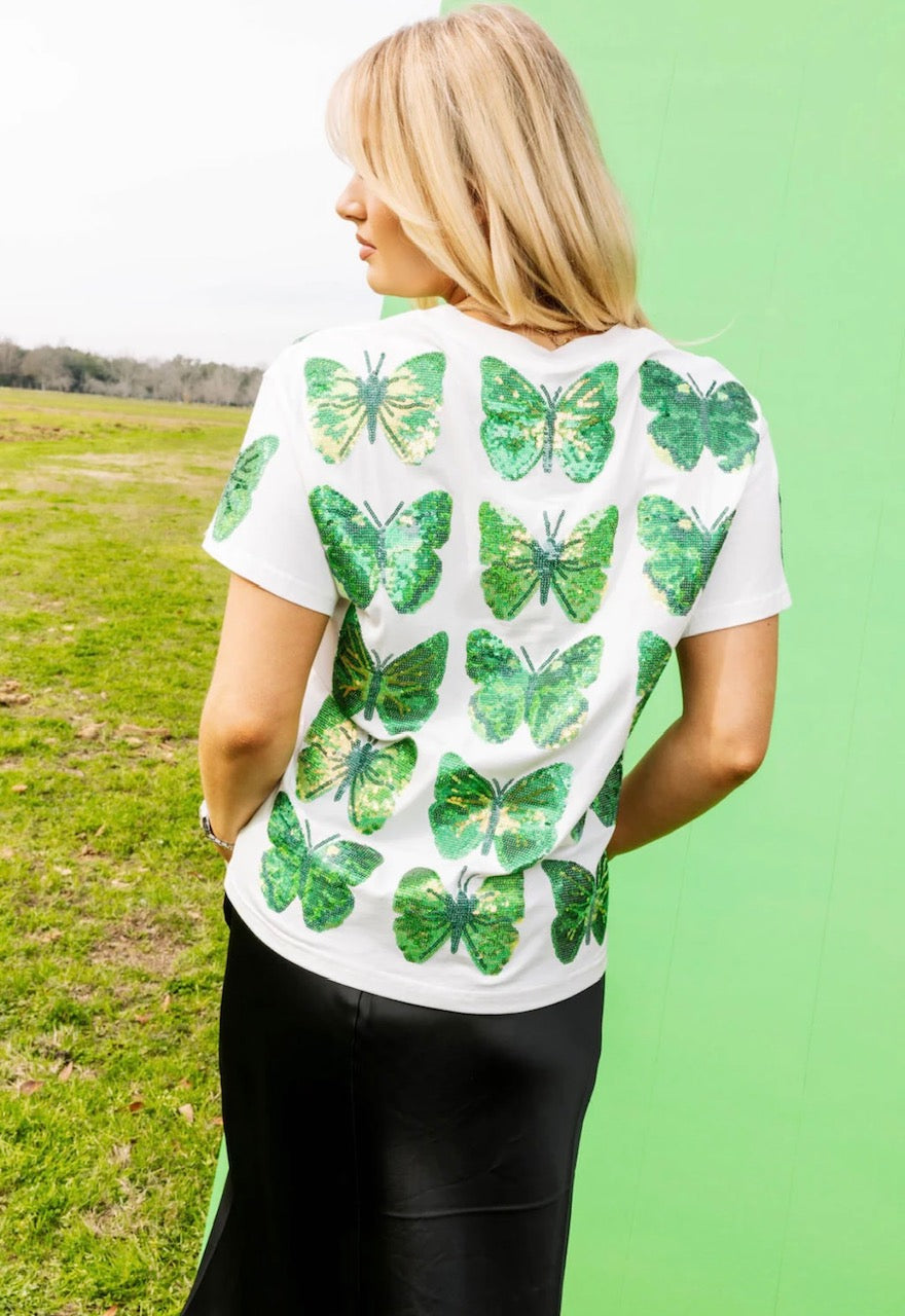 Queen of Sparkles Green & White Scattered Butterfly Tee