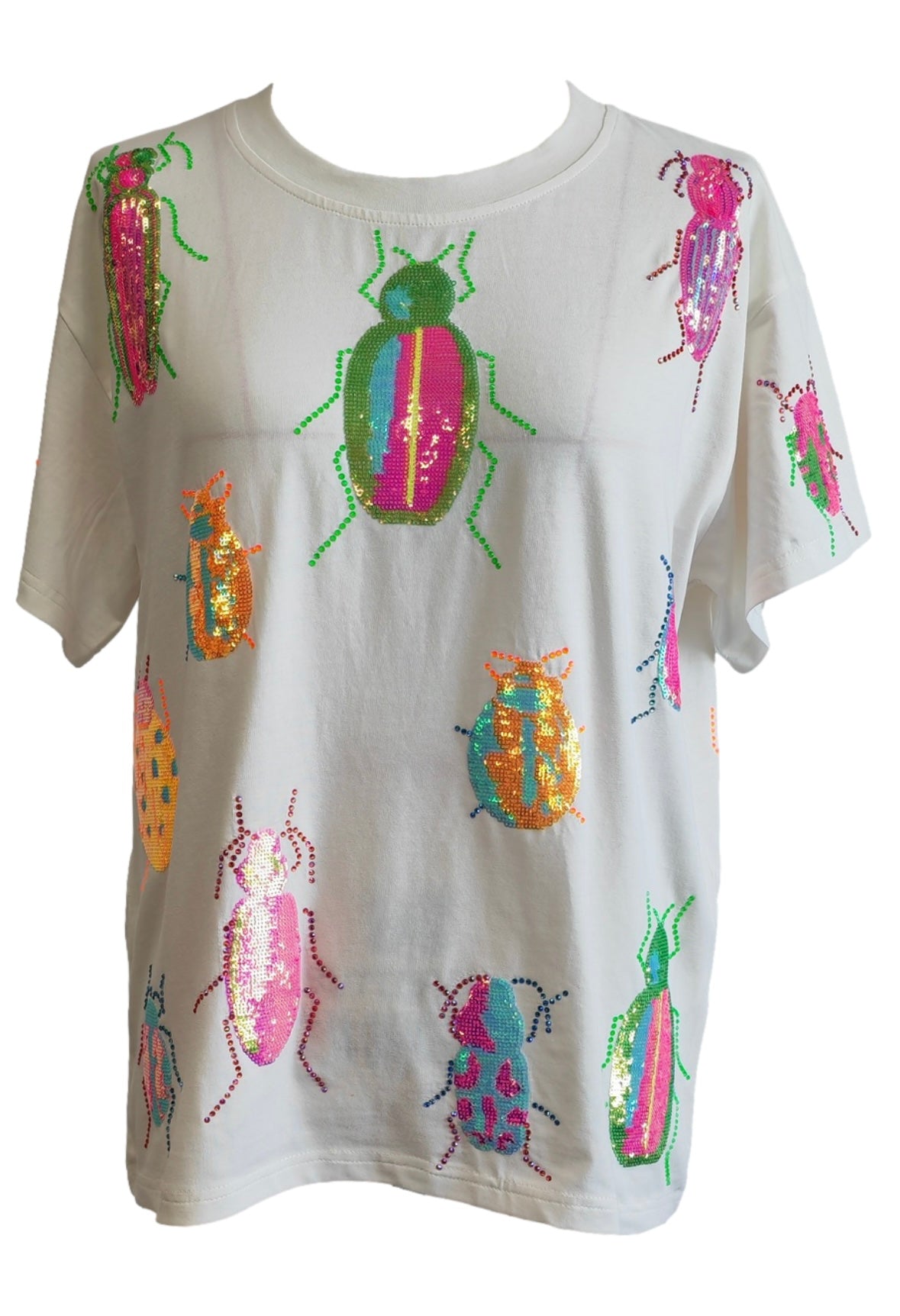 Queen of Sparkles White Scattered Neon Beetle Tee