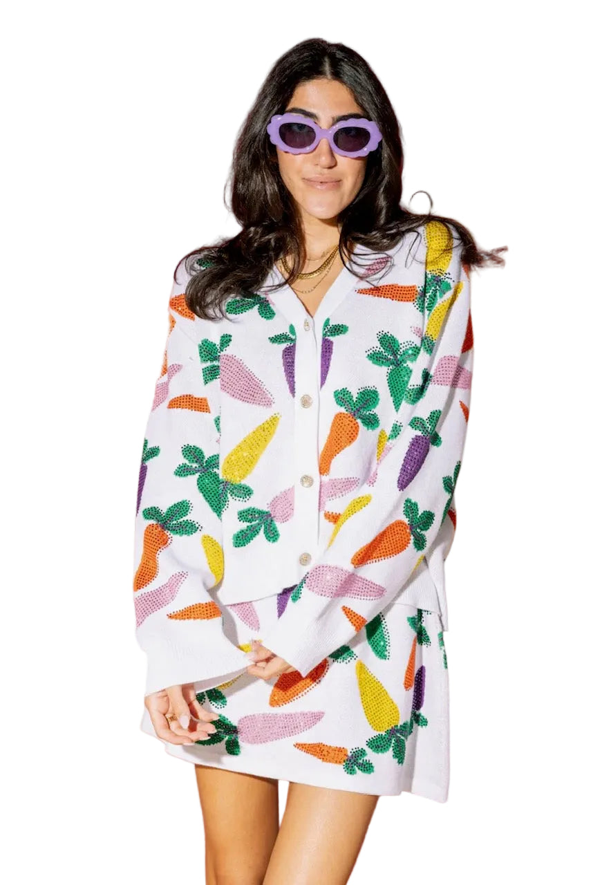 Queen of Sparkles White Multi Carrot Cardigan — product photo.