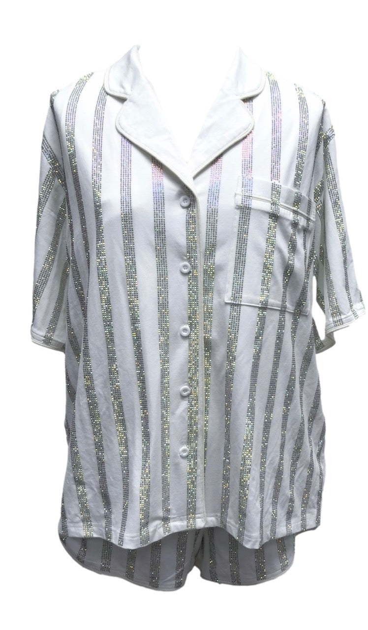 Queen of Sparkles White Rhinestone Stripe Pajamas Set