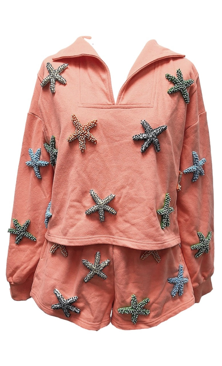 Queen of Sparkles Coral Beaded Starfish Collar Top and Shorts