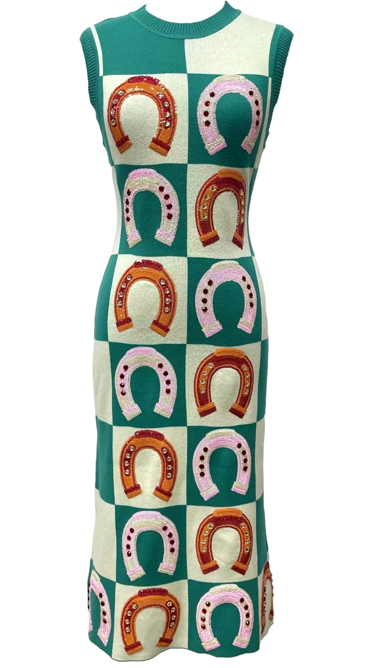 Queen of Sparkles Teal Checkered Horseshoe Knit Maxi Dress