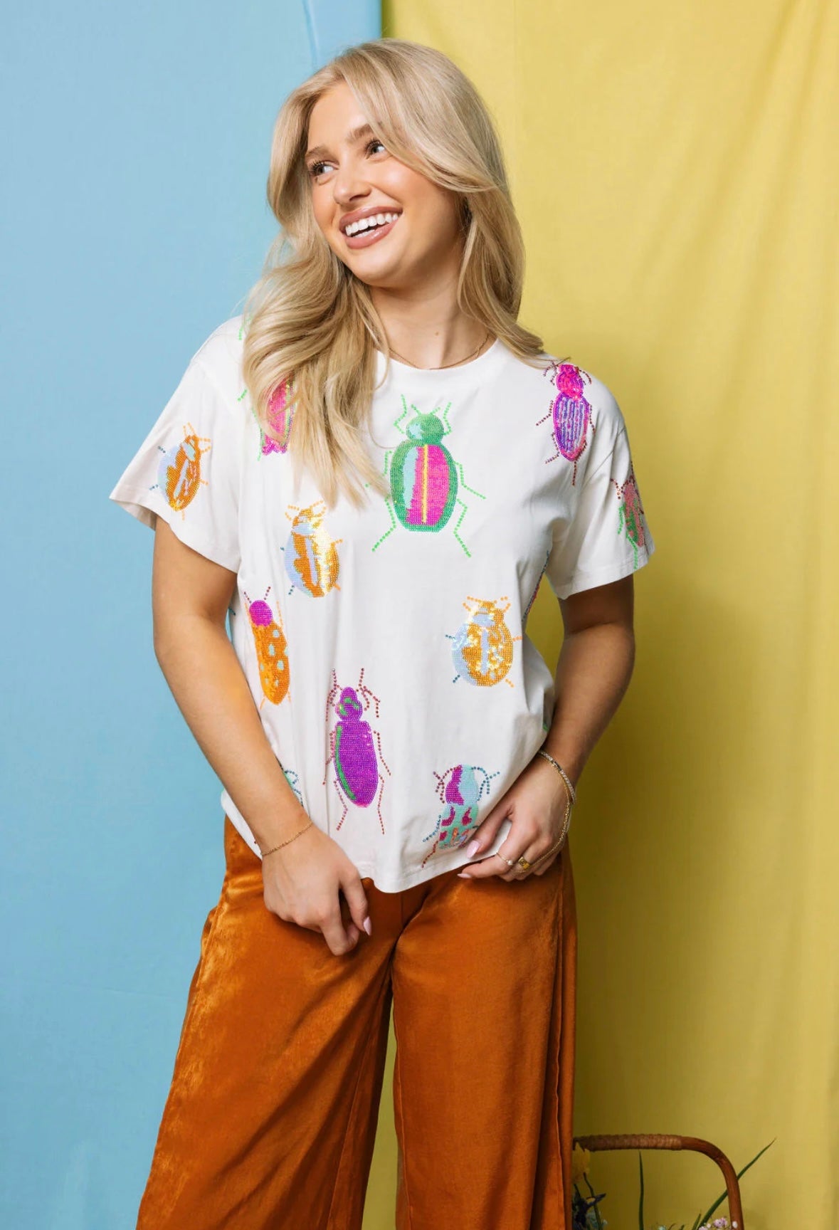 Queen of Sparkles White Scattered Neon Beetle Tee