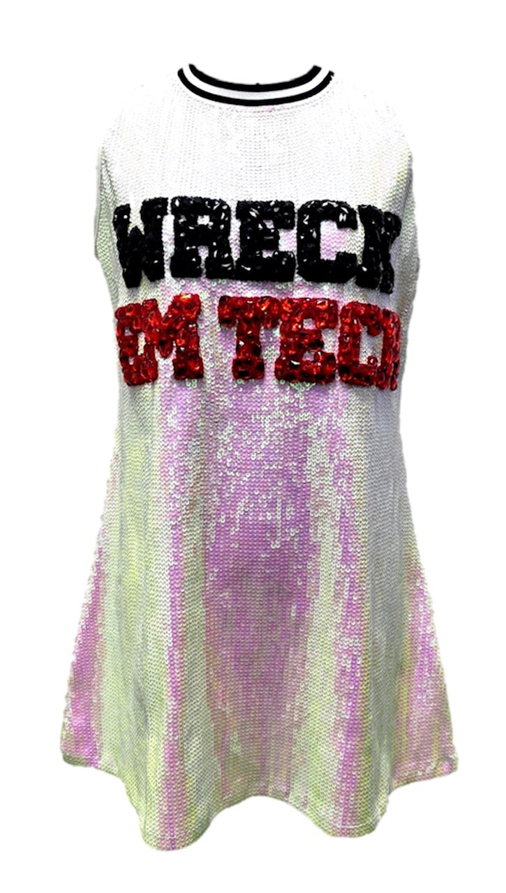 Queen of Sparkles Licensed White Full Sequin 'Wreck 'Em Tech' Tank Dress