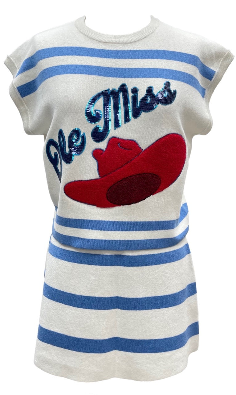 Queen of Sparkles Licensed White, Powder Blue & Red Ole Miss Striped Short Sleeve Top