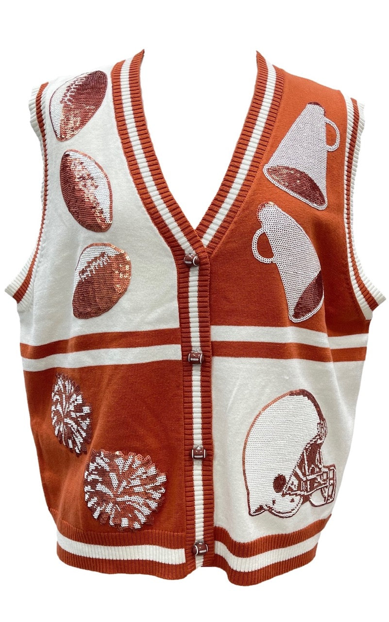 Queen of Sparkles Burnt Orange & White Colorblock Football Icon Button Up Sweater Vest — product photo.