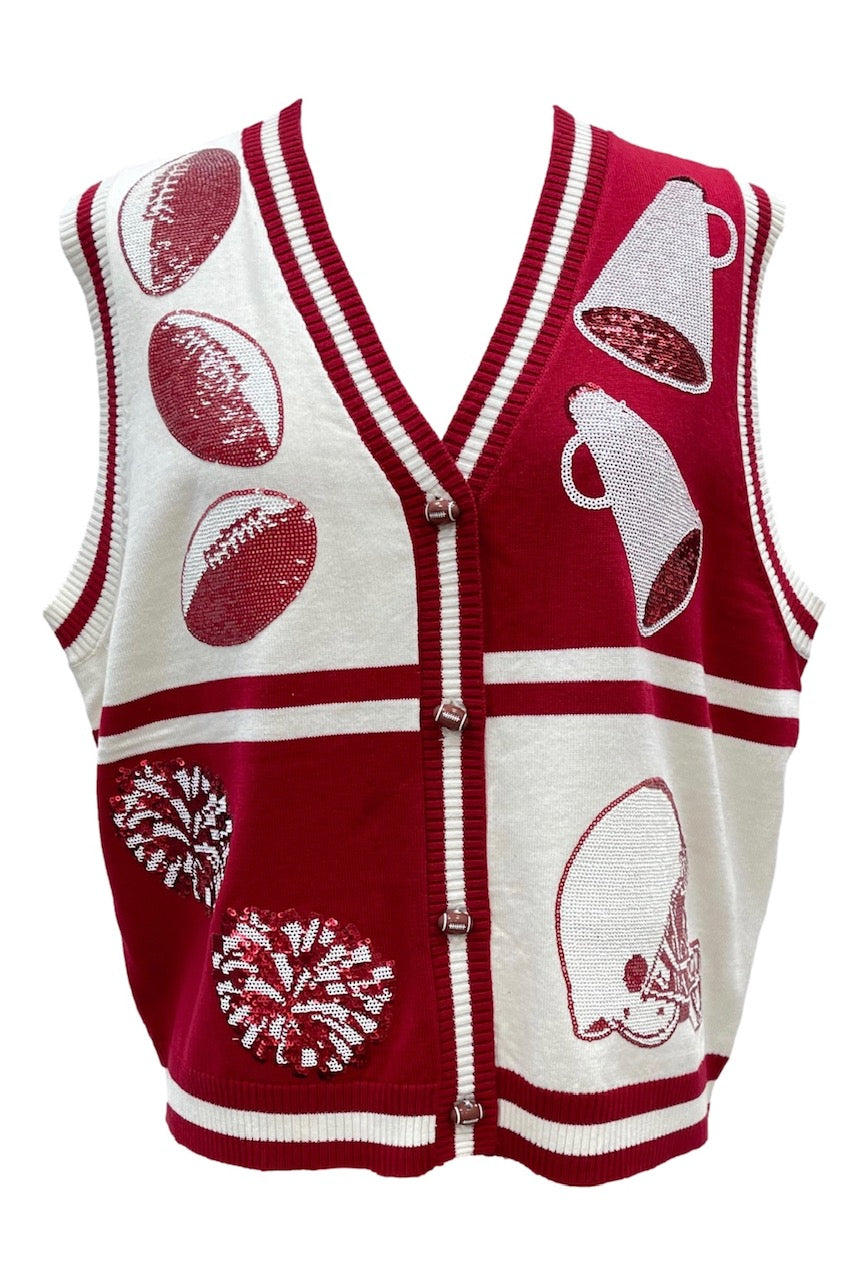 Queen of Sparkles Crimson & White Colorblock Football Icon Button Up Sweater Vest — product photo.