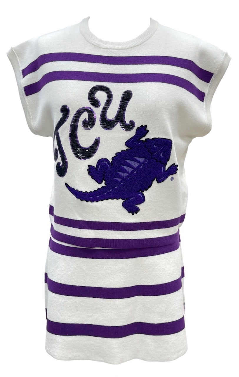 Queen of Sparkles Licensed White & Purple TCU Hornfrogs Striped Short Sleeve Top