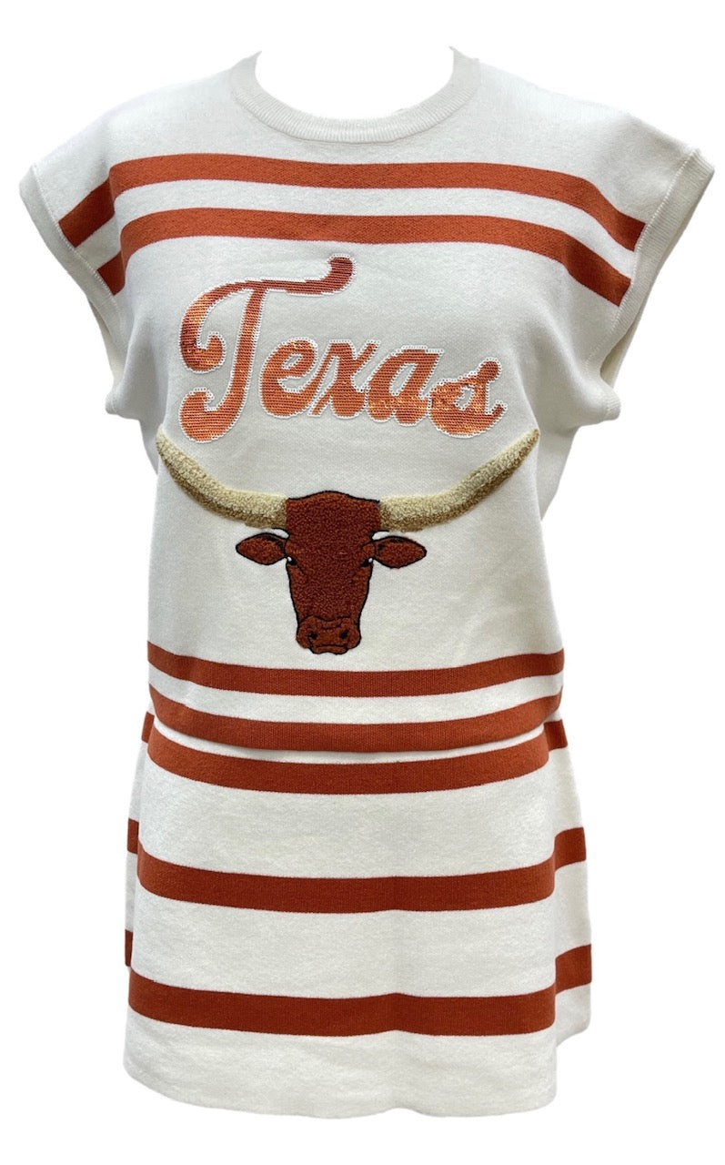 Queen of Sparkles Licensed Burnt Orange & White Texas Longhorn  Striped Short Sleeve Top