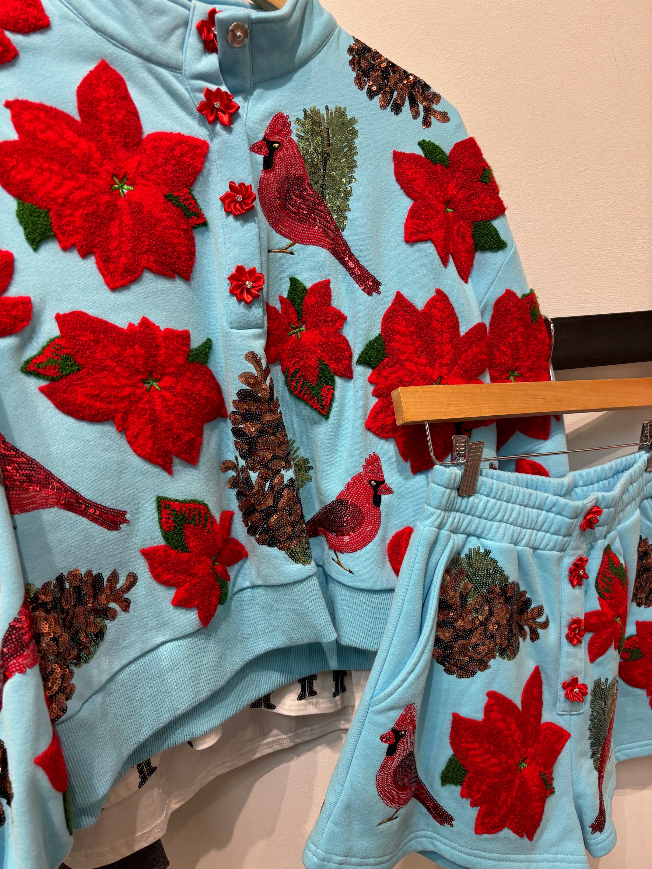 Queen of Sparkles Aqua Poinsettia, Cardinal & Pine Cone Henley Sweatshirt