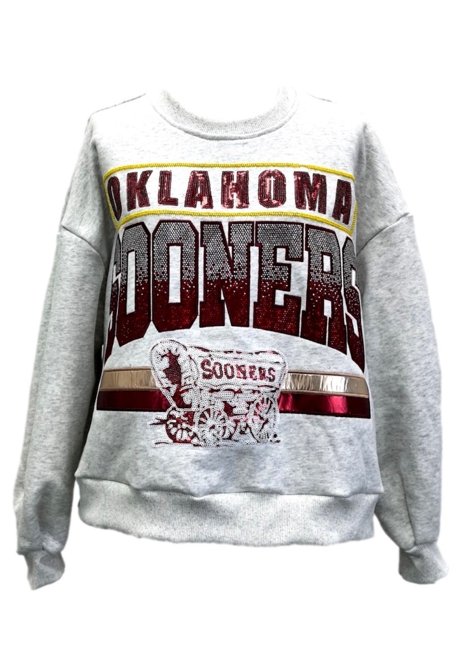 Queen of Sparkles Licensed-Grey 'Sooners' Vintage Sweatshirt