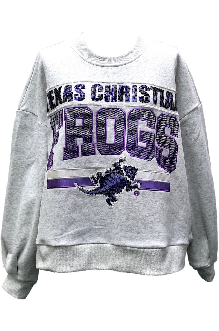 Queen of Sparkles Licensed-Grey 'Texas Christian Frogs' Vintage Sweatshirt