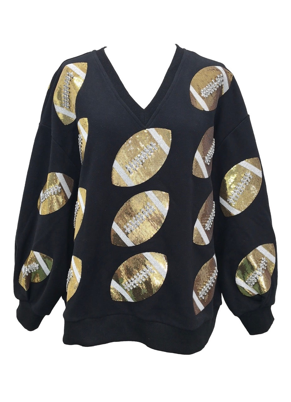 Queen of Sparkles Black & Gold Rhinestone Lace Football Sweatshirt