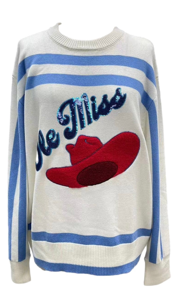 Queen of Sparkles Licensed White, Powder Blue & Red Ole Miss Hat Striped Long Sleeve Sweater