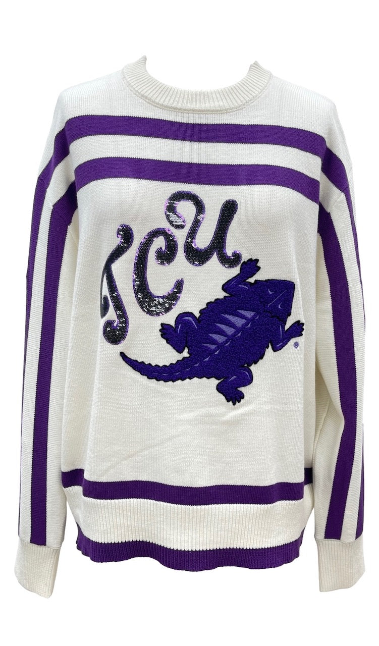 Queen of Sparkles Licensed White & Purple TCU Hornfrogs Striped Long Sleeve Sweater