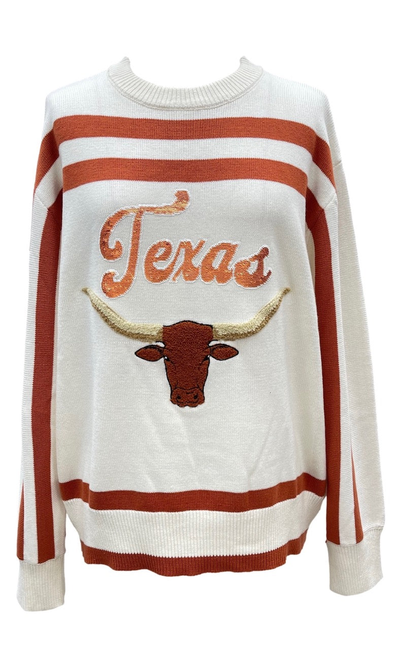 Queen of Sparkles Licensed Burnt Orange & White Texas Longhorn  Striped Long Sleeve Sweater