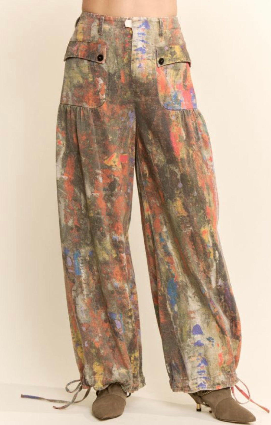 Tie Dyed Print Denim Wide-Leg Pants Olive Orange