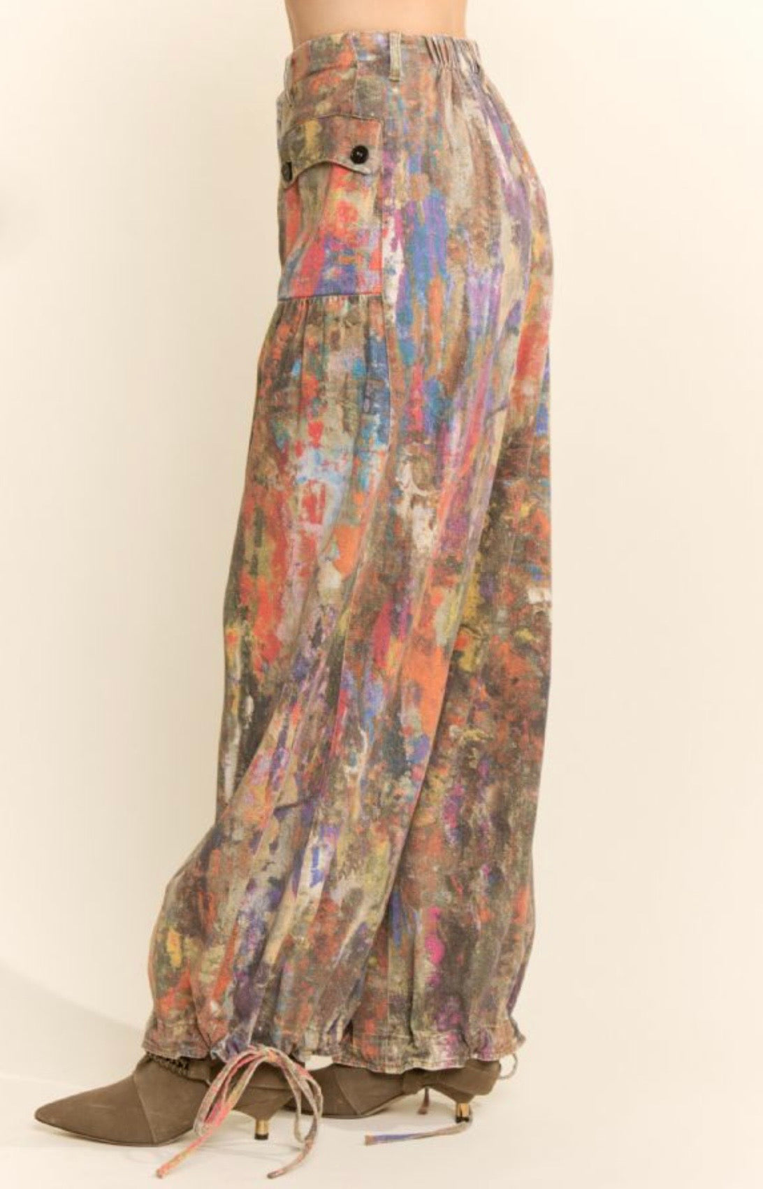 Tie Dyed Print Denim Wide-Leg Pants Olive Orange