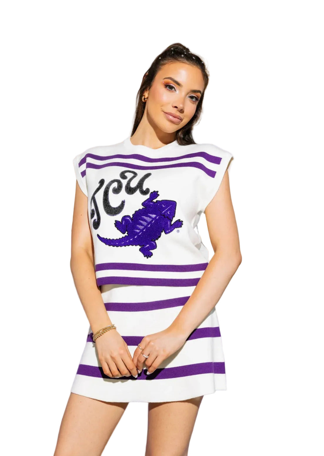 Queen of Sparkles Licensed White & Purple TCU Hornfrogs Striped Short Sleeve Top