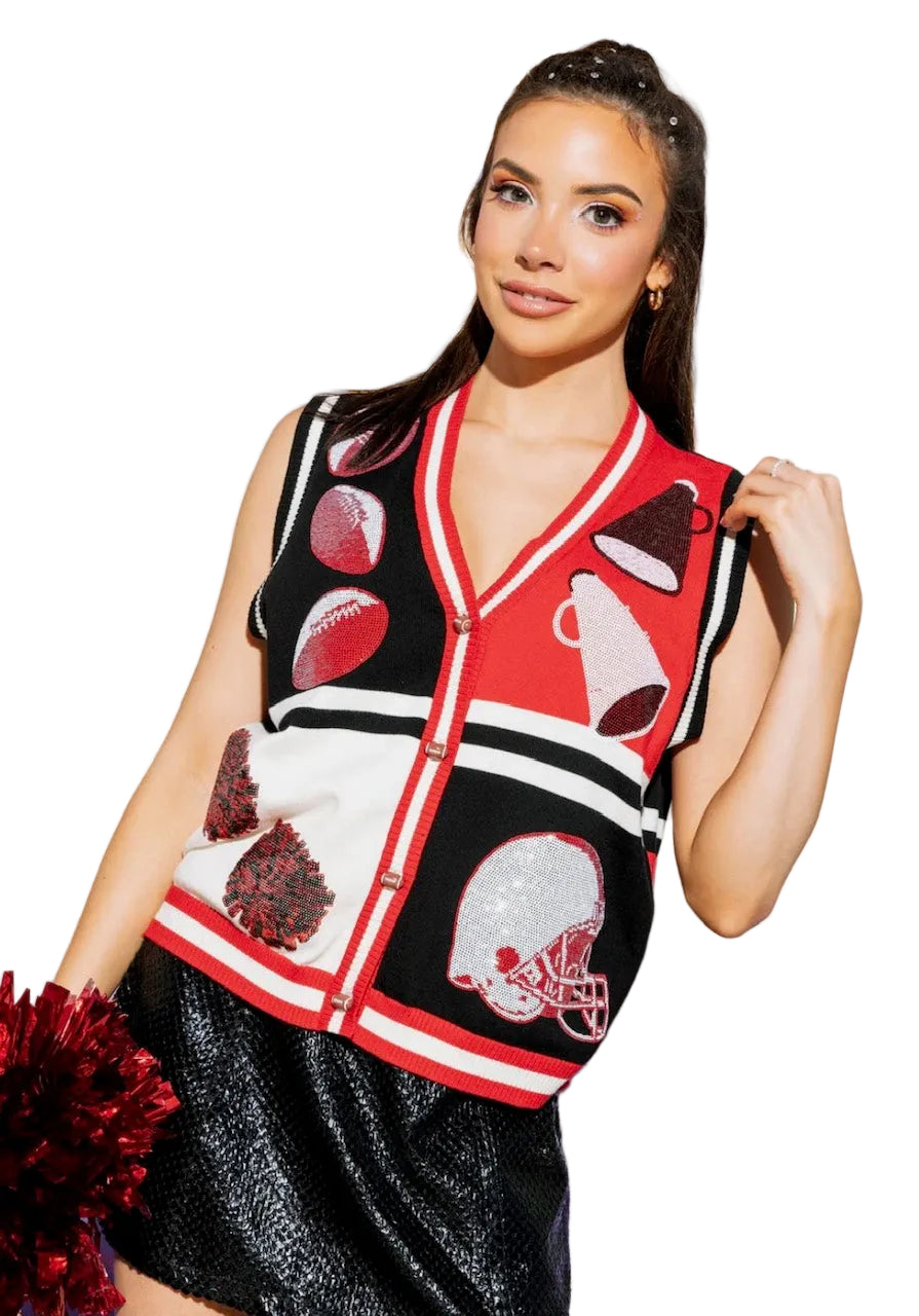 Queen of Sparkles Black & Red Colorblock Football Icon Button Up Sweater Vest
