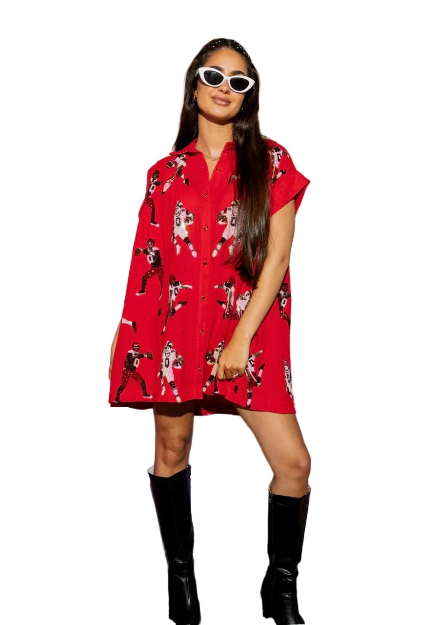 Queen of Sparkles Red & Black Football Player Gauze Dress
