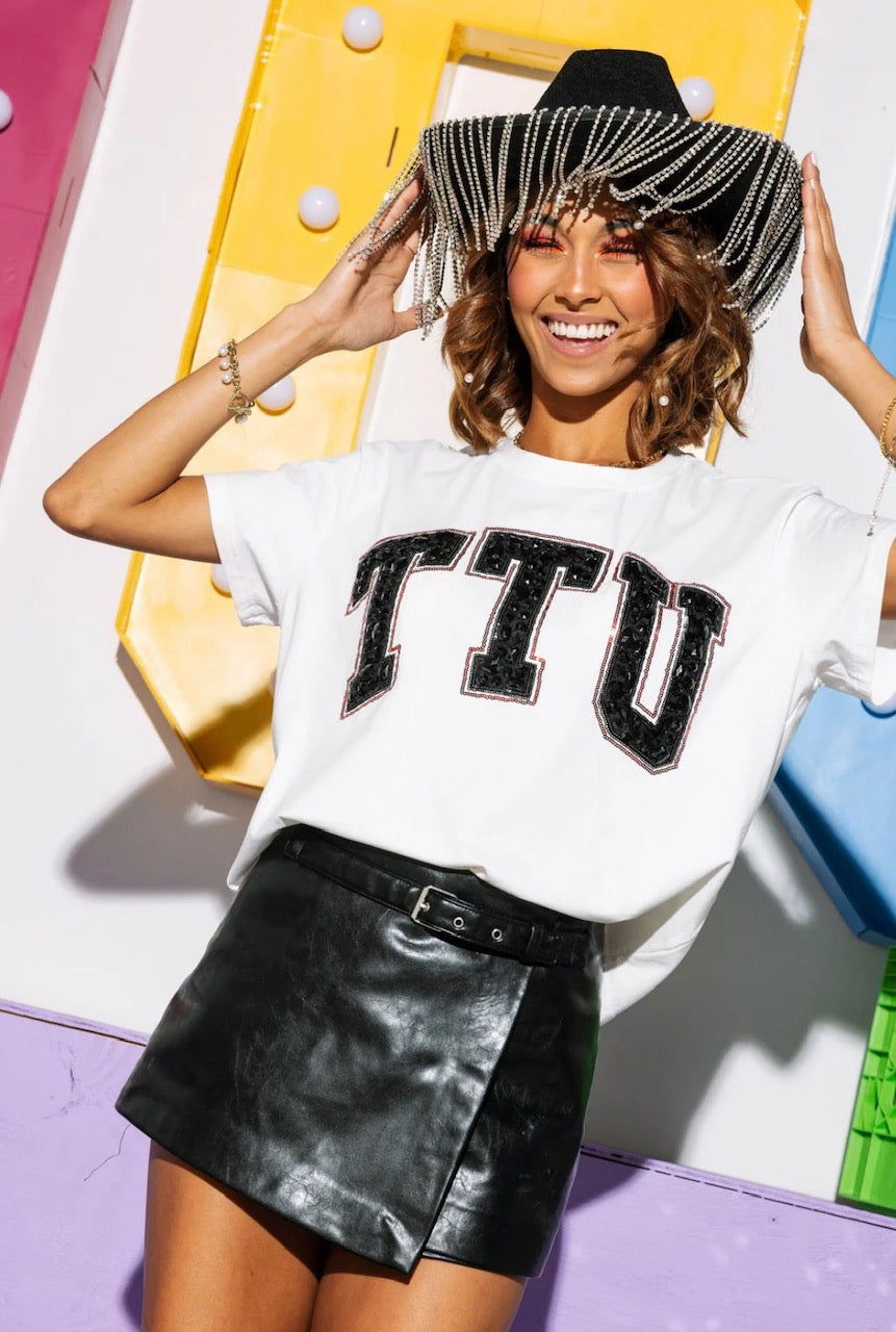 Queen of Sparkles Licensed Texas Tech Jeweled Letter Tee