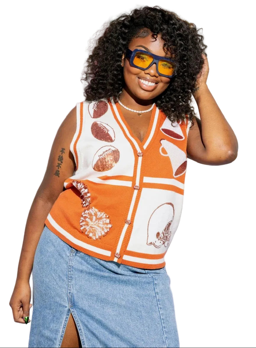 Queen of Sparkles Burnt Orange & White Colorblock Football Icon Button Up Sweater Vest