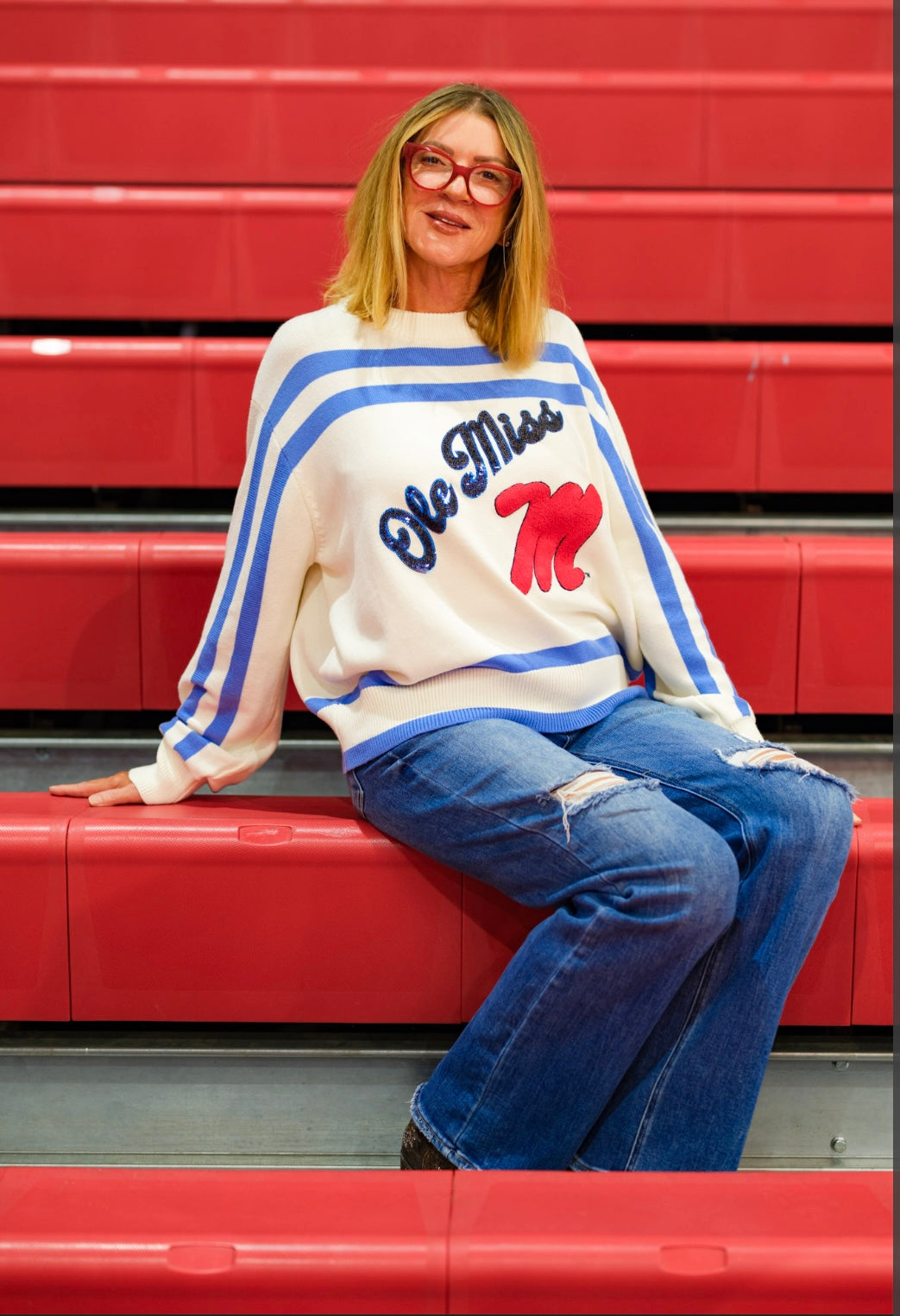 Queen of Sparkles Licensed White, Powder Blue & Red Ole Miss Hat Striped Long Sleeve Sweater