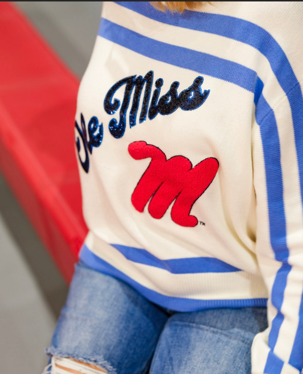 Queen of Sparkles Licensed White, Powder Blue & Red Ole Miss Hat Striped Long Sleeve Sweater