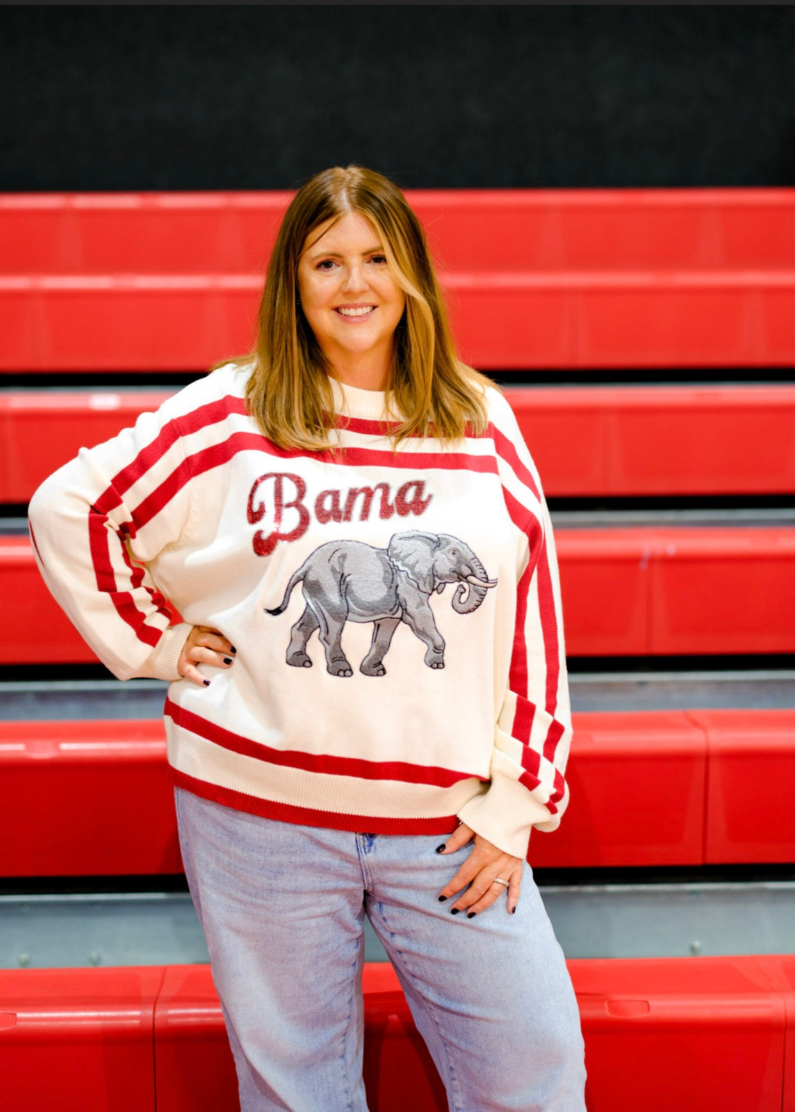 Queen of Sparkles White & Crimson 'Bama' Stripe Long Sleeve Sweater