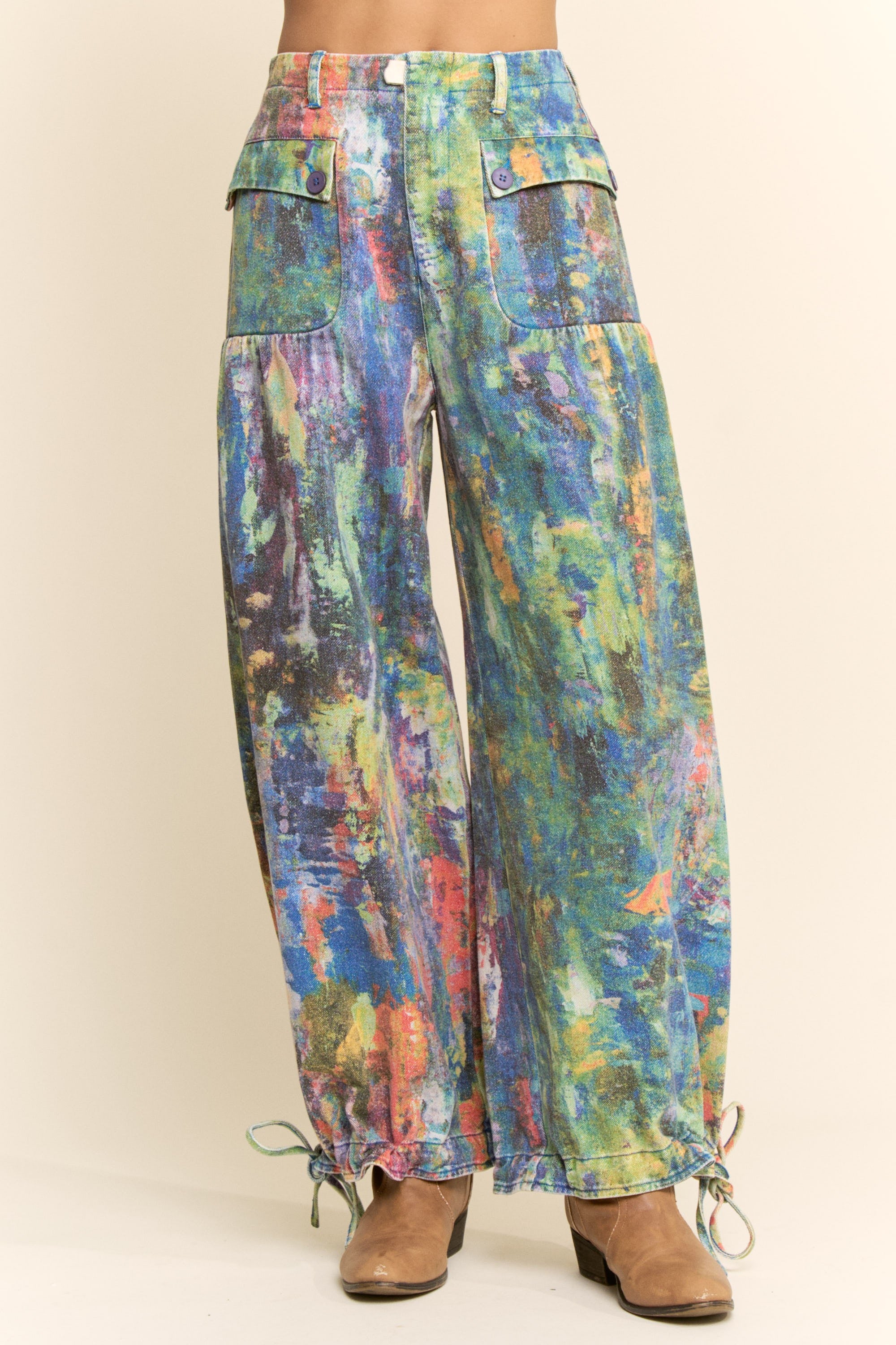 Tie Dyed Print Denim Wide-Leg Pants Lime Green Cobalt