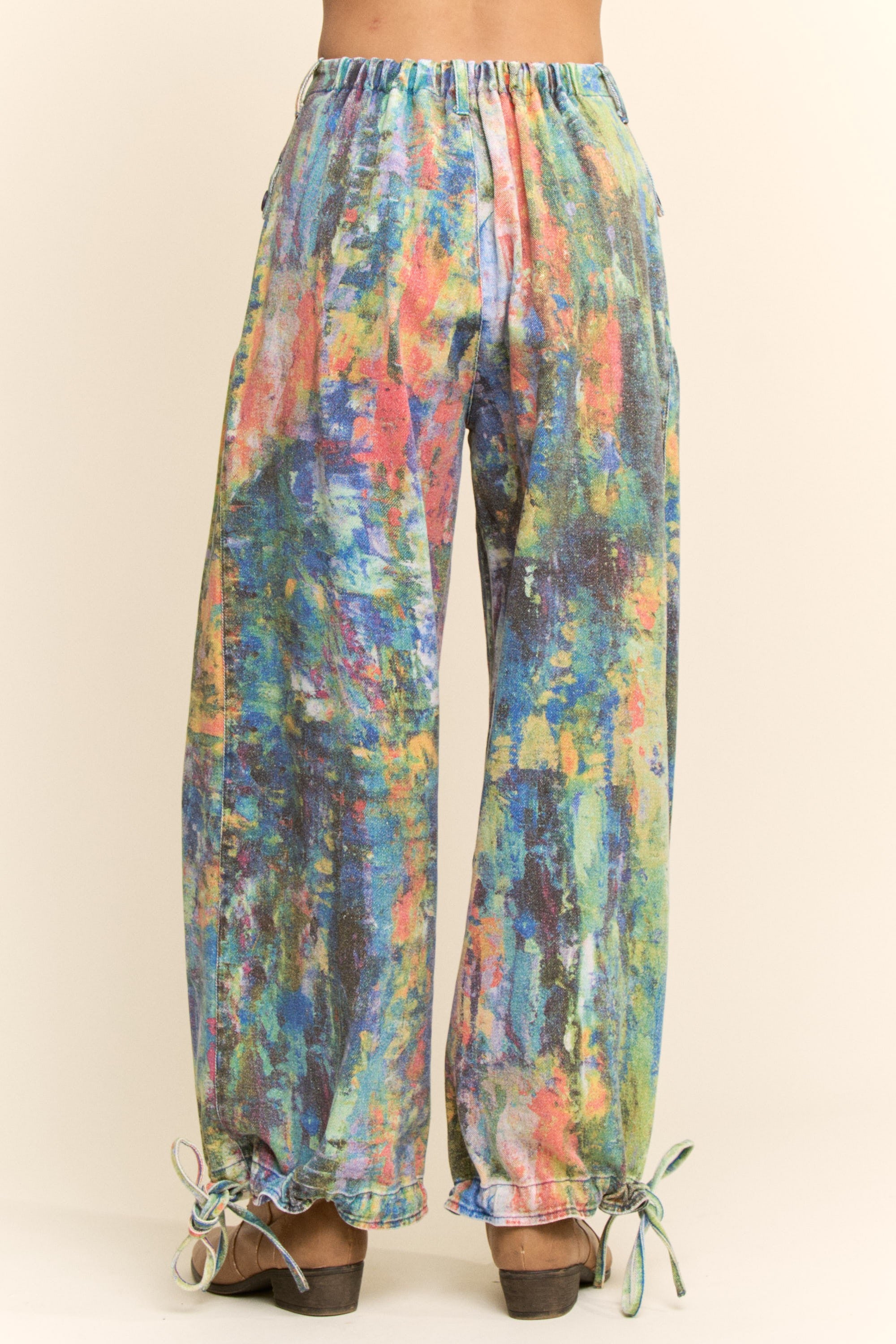Tie Dyed Print Denim Wide-Leg Pants Lime Green Cobalt