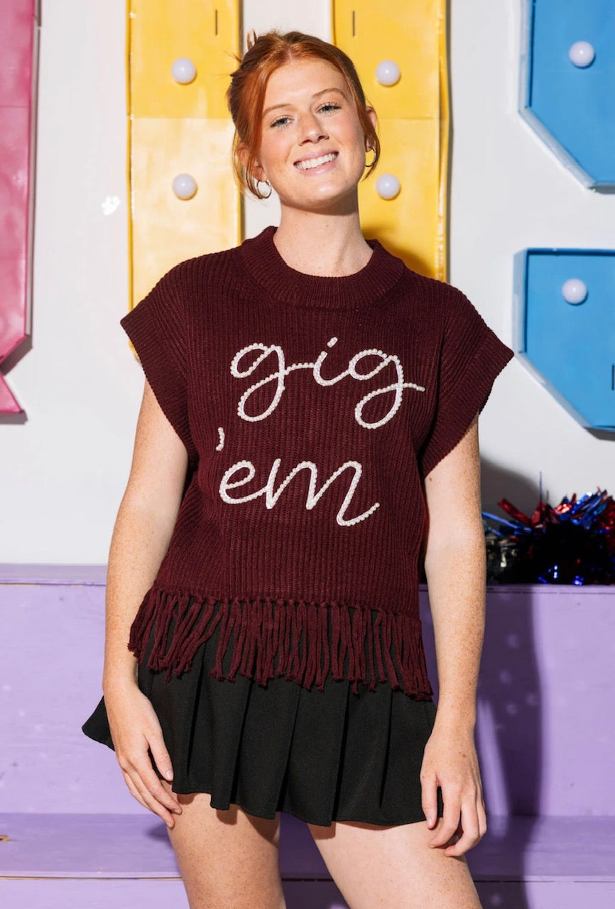 Queen of Sparkles Licensed-Gig Em Fringe Sweater Vest