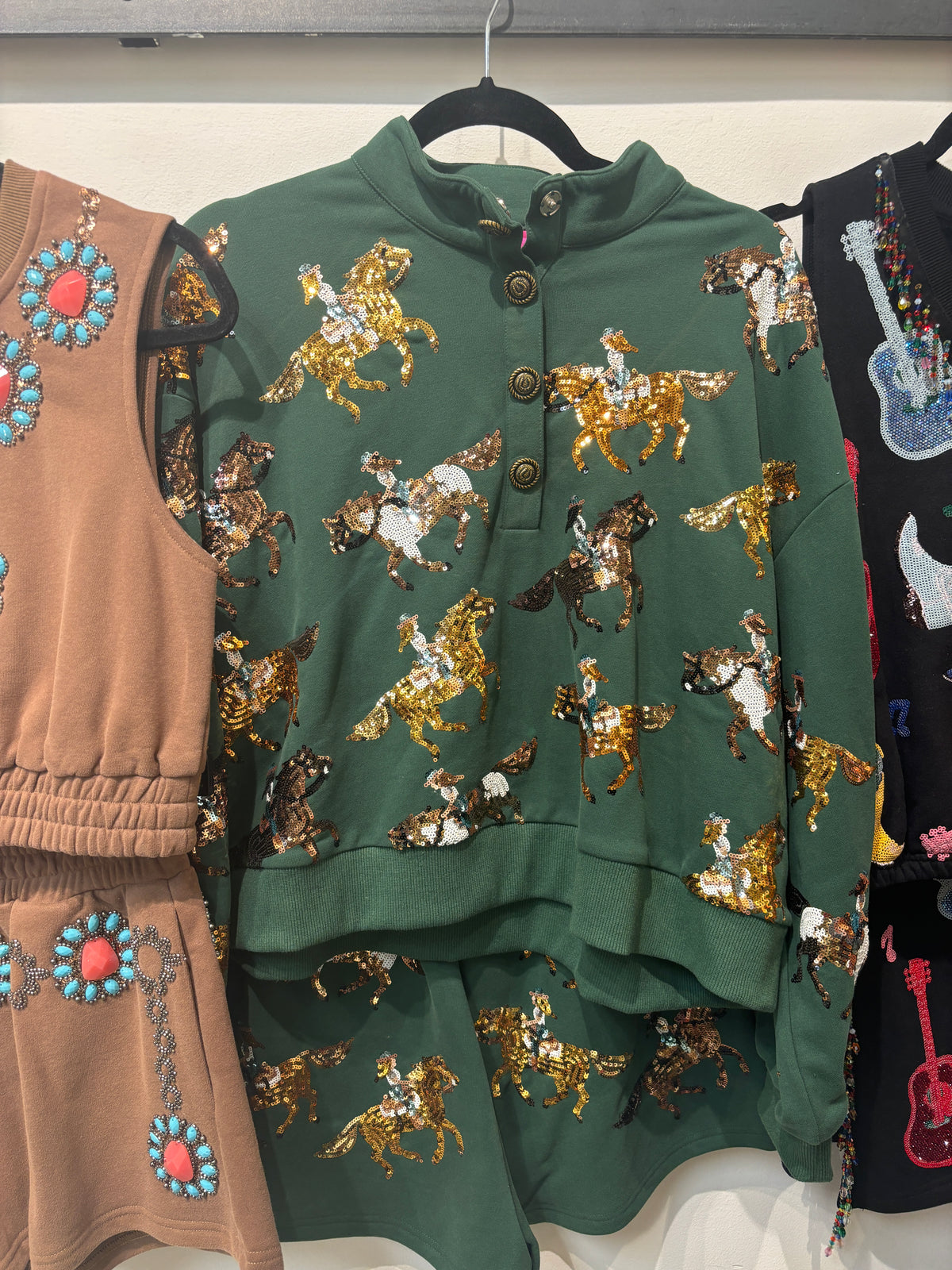 Queen of Sparkles Dark Green Horse Riders Henley Sweatshirt