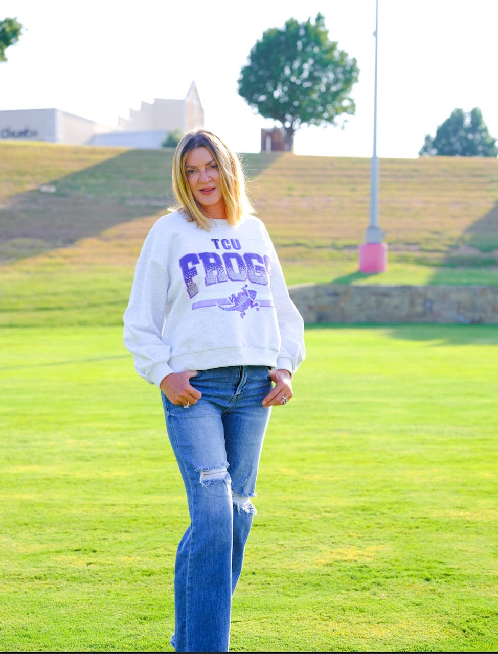 Queen of Sparkles Licensed-Grey 'Texas Christian Frogs' Vintage Sweatshirt